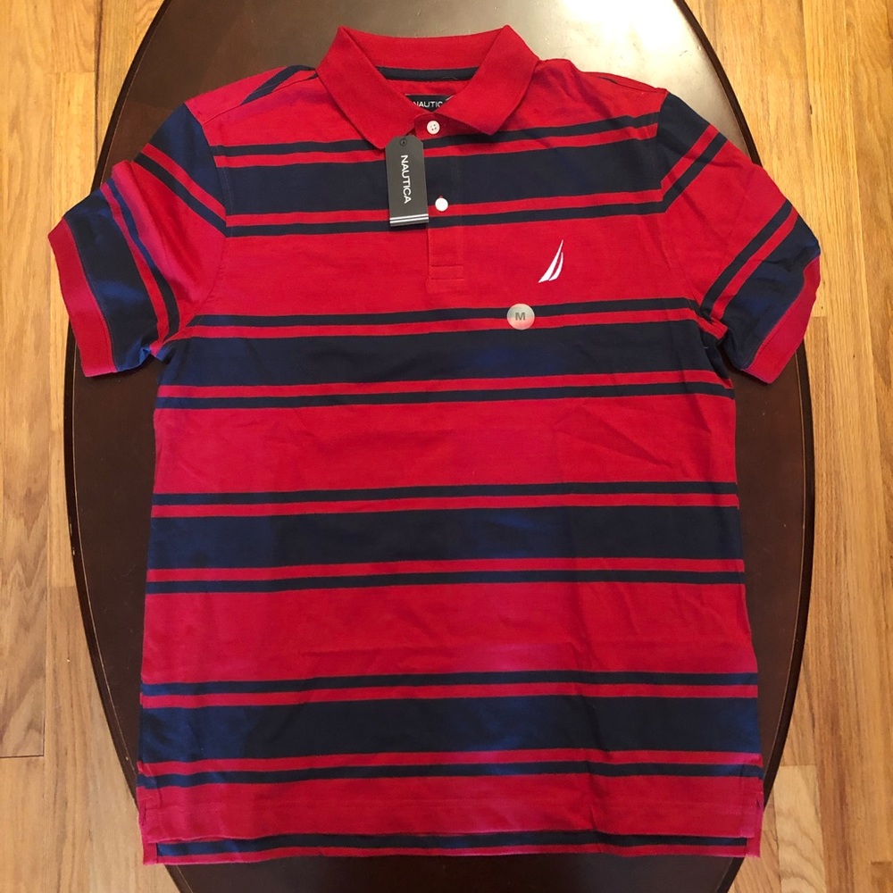 NAUTICA RED/NAVY BLUE SRIPED POLO SHIRT MENS M